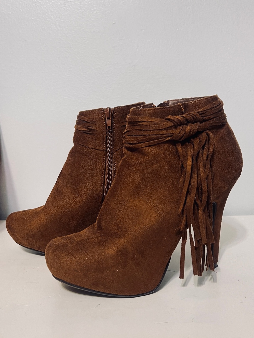 Brown Suede Fringe Ankle Booties with High Heel